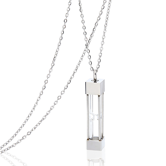304 Stainless Steel Glass Hourglass Pendant Urn Ashes Necklaces for Women Men, Rectangle
