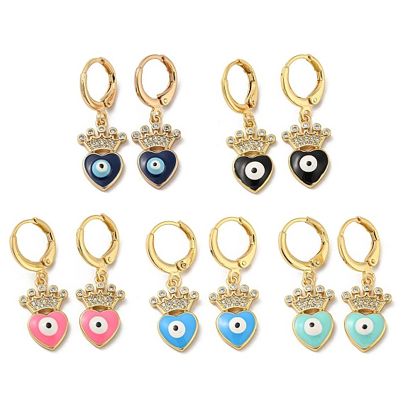 Golden Brass Dangle Leverback Earrings, with Enamel and Cubic Zirconia, Heart with Evil Eye