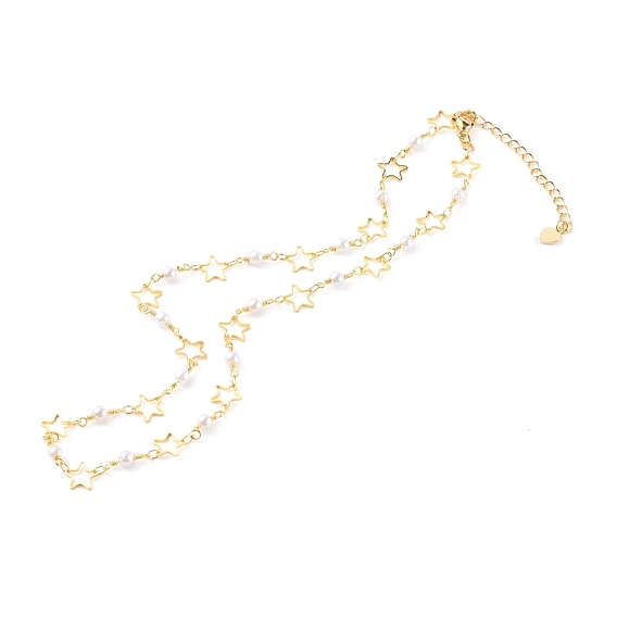 Round Glass Beaded Necklaces, with Brass Star Links, White