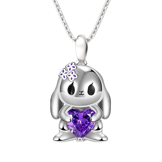 Tanzanite Rhinestone Easter Bunny Pendant Necklace with Enamel, Alloy Jewelry for Women