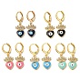 Golden Brass Dangle Leverback Earrings, with Enamel and Cubic Zirconia, Heart with Evil Eye