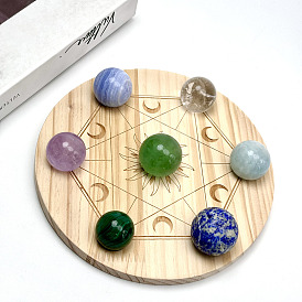 Wood Crystal Ball Display Stand, for Witchcraft Wiccan Altar Supplies, Flat Round with Chakra Sun