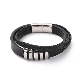 Black Microfibre Braided Cord Triple Layer Multi-strand Bracelet with 304 Stainless Steel Magnetic Clasps, Rectangle Beaded Punk Wristband for Men Women