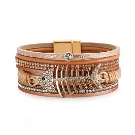 Exotic Fishbone Ethnic Bracelet - Creative Bracelet with Micro-inlaid Water Drill, Exquisite Decoration, PU Leather.