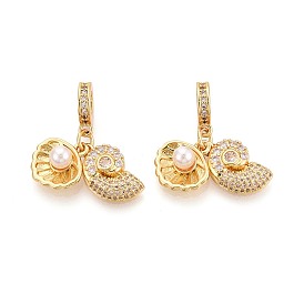 Европейские подвески-шармы с микропаве из латуни, прозрачными кубическими цирконами и искусственным жемчугом из АБС-пластика, форма раковины и ракушки, Подвески с большими отверстиями, кремово-белые