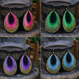 Boho Ethnic Style Embroidered Tassel Earrings with Peacock Feathers and Pressed Floral Fabric in Oval Shape