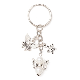 ABS Plastic Imitation Pearl & Alloy Angel Keychain, with Tibetan Style Alloy Charm and Iron Split Key Rings