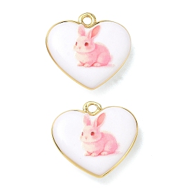 Printed Brass Pendants, Heart with Rabbit Charms, Rack Plating, Long-Lasting Plated, Lead Free & Cadmium Free, Pink