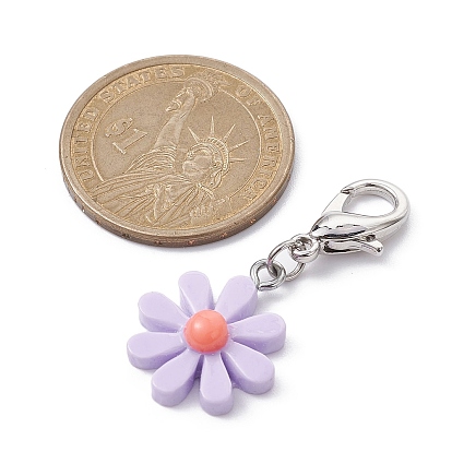 Opaque Resin Daisy Flower Pendant Decorations, with Zinc Alloy Lobster Claw Clasps