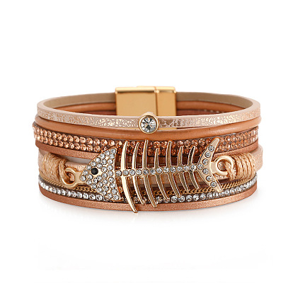 Exotic Fishbone Ethnic Bracelet - Creative Bracelet with Micro-inlaid Water Drill, Exquisite Decoration, PU Leather.