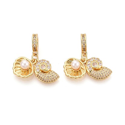 Европейские подвески-шармы с микропаве из латуни, прозрачными кубическими цирконами и искусственным жемчугом из АБС-пластика, форма раковины и ракушки, Подвески с большими отверстиями, кремово-белые