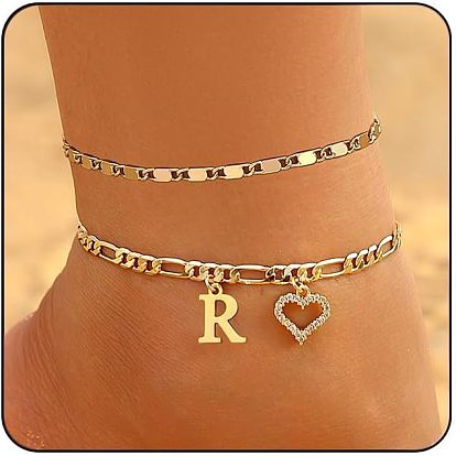 Двухслойные браслеты для щиколотки с латунными кристаллами и стразами в форме сердца, золотые