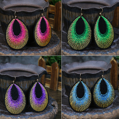 Boho Ethnic Style Embroidered Tassel Earrings with Peacock Feathers and Pressed Floral Fabric in Oval Shape