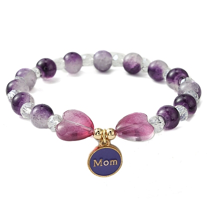 Jewelry Gift for Mother's Day, Alloy Enamel Charm Bracelets, Round & Heart Twon Tone Glass Beaded Bracelet for Women