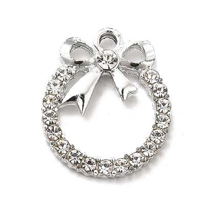 Alloy Rhinestone Pendants, Platinum Tone Flat Round with Bowknot Charms