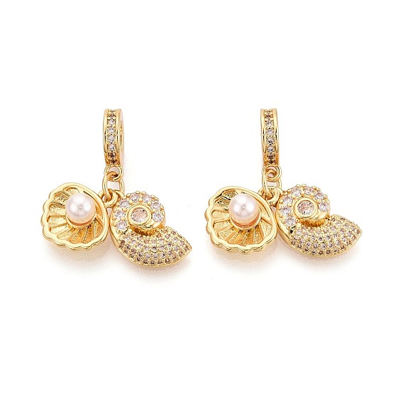 Европейские подвески-шармы с микропаве из латуни, прозрачными кубическими цирконами и искусственным жемчугом из АБС-пластика, форма раковины и ракушки, Подвески с большими отверстиями, кремово-белые