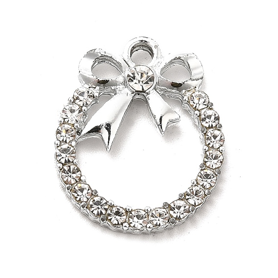 Alloy Rhinestone Pendants, Platinum Tone Flat Round with Bowknot Charms