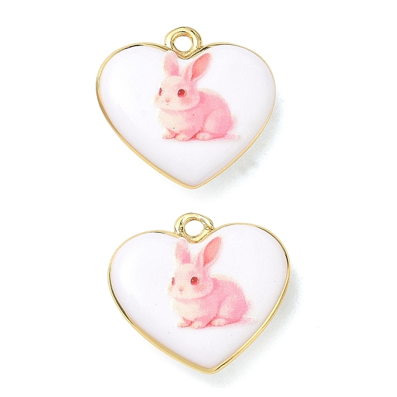Printed Brass Pendants, Heart with Rabbit Charms, Rack Plating, Long-Lasting Plated, Lead Free & Cadmium Free, Pink
