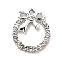 Alloy Rhinestone Pendants, Platinum Tone Flat Round with Bowknot Charms