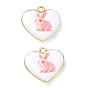 Printed Brass Pendants, Heart with Rabbit Charms, Rack Plating, Long-Lasting Plated, Lead Free & Cadmium Free, Pink