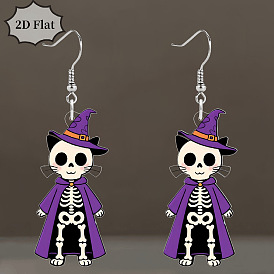 Акриловые серьги-подвески в форме кошки со скелетом, платина