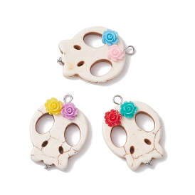 Halloween Dyed Synthetic Turquoise Pendants, Skull Charms with Flower Resin