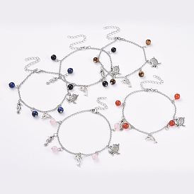 Natural Gemstone Bracelets, with Tibetan Style Alloy Pendants, 304 Stainless Steel Rolo Chains and Lobster Claw Clasps
