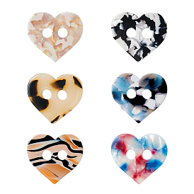 6unidades 6colores botones de acetato de celulosa, 2 agujero, corazón