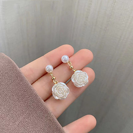 Handmade 925 Silver Camellia Earrings with Pearl Studs for Women - Elegant and Sweet Floral Design from Asia