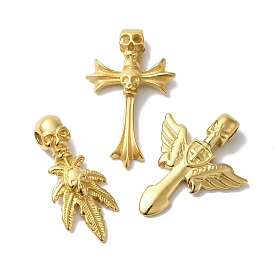 PVD Vacuum Plating 304 Stainless Steel Pendants, Golden, Cross/Leaf/Sword with Skull