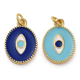 Brass Enamel Pendants, with Jump Ring, Real 18K Gold Plated, Oval with Eye Charm