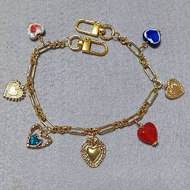 10Pcs Heart Theme Brass Chains Bag Extender Chains, with Brass & Handmade Porcelain & Glass Pendants