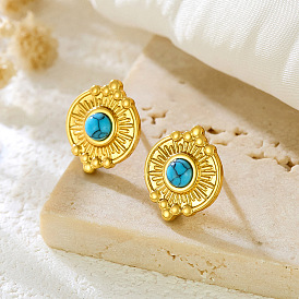 304 Stainless Steel and Turquoise Stud Earrings, Flat Round