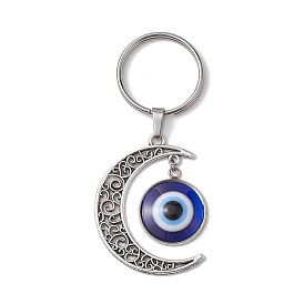 Evil Eye Resin Keychains, with Alloy Findings and Iron Split Key Rings, Moon