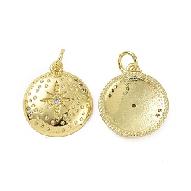 Brass Micro Pave Cubic Zirconia Pendants, Real 18K Gold Plated, with Jump Ring, Flat Round with Star Charms