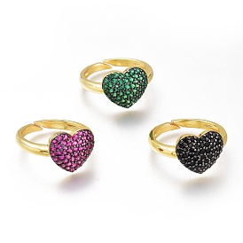 Brass Micro Pave Cubic Zirconia Heart Cuff Rings, Open Rings, Long-Lasting Plated, Golden