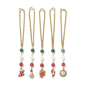 Christmas Alloy Enamel Pendant Decorations, with Resin Round Beads and 304 Stainless Steel Curb Chains, Snowflake/Sock/Bell/Tree/Candy Cane
