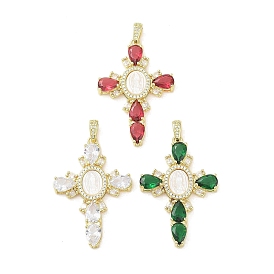 Real 18K Gold Plated Brass Micro Pave Cubic Zirconia Pendants, with Glass and Resin, Cross