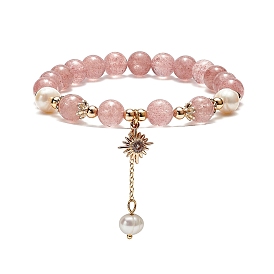 Natura Strawberry Quartz & Pearl Beaded Stretch Bracelet, Gemstone Bracelet with Cubic Zirconia Sun Tassel Charms for Women