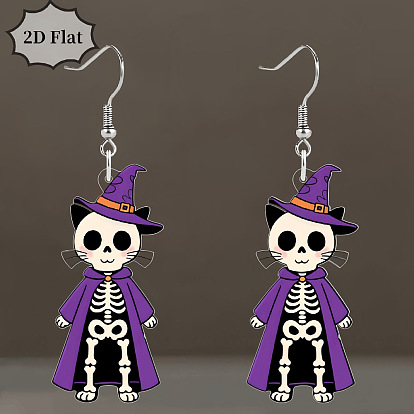 Акриловые серьги-подвески в форме кошки со скелетом, платина