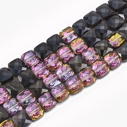 Electroplate Glass Beads Strands, Half Plated, Faceted, Square