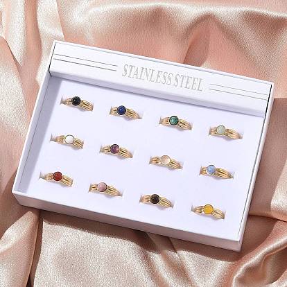 Круглые кольца из смешанных натуральных камней, 304 из нержавеющей стали манжеты кольца, реальный 18 k позолоченный, ионное покрытие (ip)