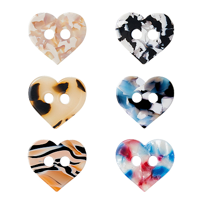 6Pcs 6 Colors Cellulose Acetate Buttons, 2-Hole, Heart