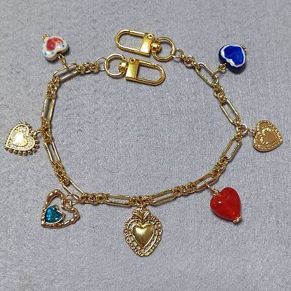 10Pcs Heart Theme Brass Chains Bag Extender Chains, with Brass & Handmade Porcelain & Glass Pendants