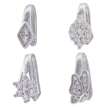 16шт. 4 стиль латунные микропаве кубический цирконий зажимные скобы, Цветок, ромб и бабочка на шпильках для изготовления подвески, без кадмия и без свинца