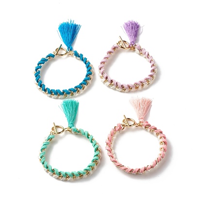 Faux Suede Cord Wrap Curb Chain Bracelets Set for Girl Women, Tassel Charm Bracelets, Golden