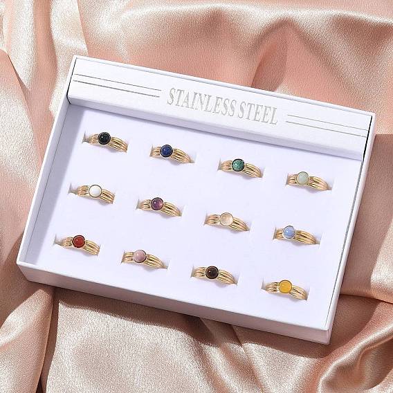 Круглые кольца из смешанных натуральных камней, 304 из нержавеющей стали манжеты кольца, реальный 18 k позолоченный, ионное покрытие (ip)