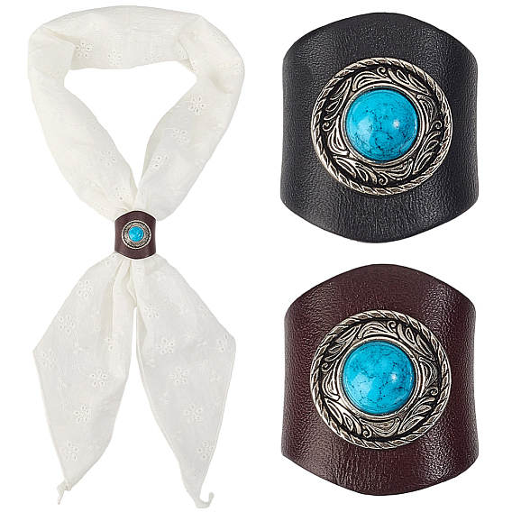 2Pcs 2 Colors Leather & Alloy & Synthetic Turquoise Scarf Clips, Scarf Buckle, Column, Gunmetal