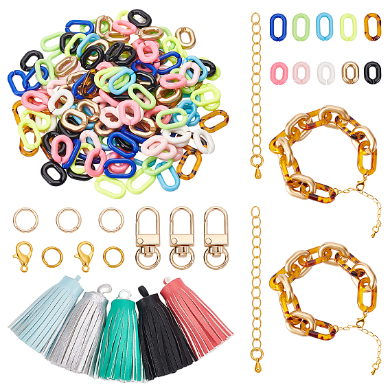 DIY Curb Chain Bracelet Keychain Making Kit, Including Acrylic Linking Rings, Alloy Clasps, PU Leather Tassel Big Pendants