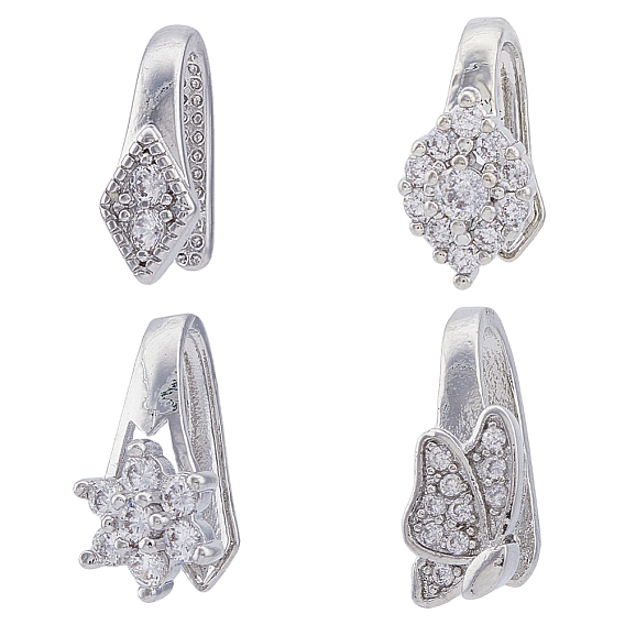 16шт. 4 стиль латунные микропаве кубический цирконий зажимные скобы, Цветок, ромб и бабочка на шпильках для изготовления подвески, без кадмия и без свинца